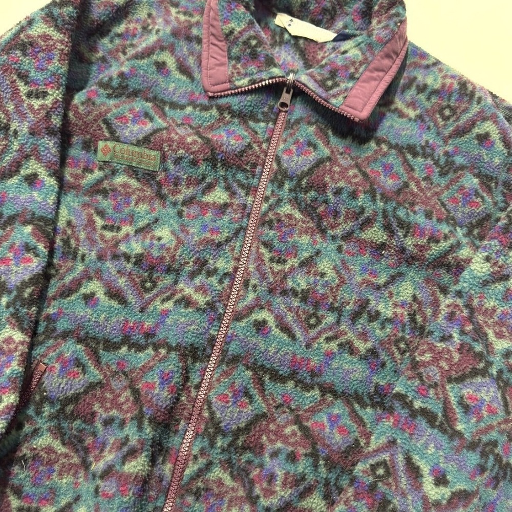 Columbia Fleece Jacket womans M Purple Excellent Vintage Geometric Full Zip 90s - Picture 2 of 4